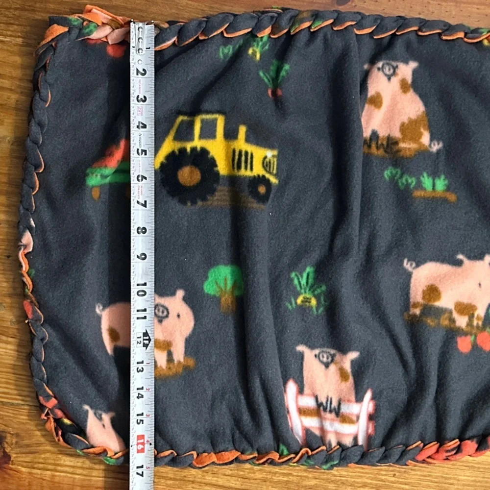 NWOT Security Blanket Gray & Orange Fleece Lovie, Farmer Pig & Tractor Design